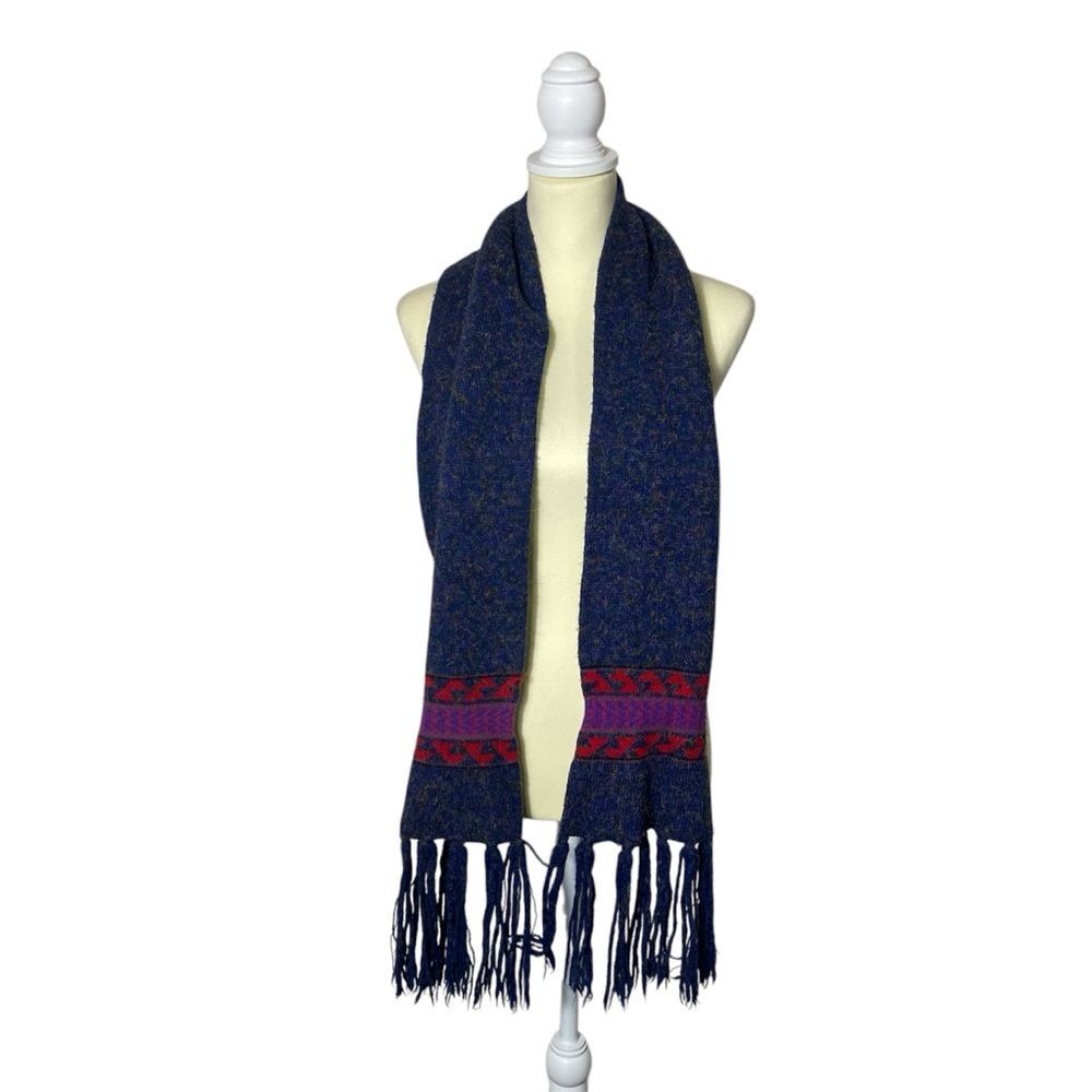 Vintage Wool Blue Speckled Knit Scarf W/ Fringe & Aztec Southwest Design